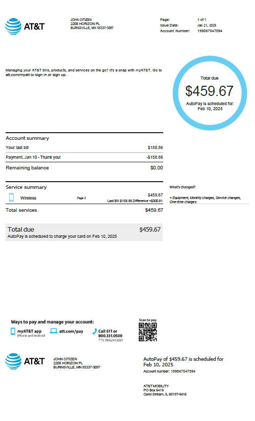 USA AT&T utility bill template in Word and PDF formats, version 3